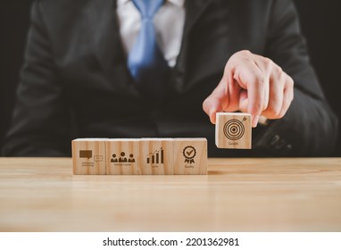 Businessman, Wooden Block Icon Showing Business Planning, Investment, Finance, Bank, Asset, Stock, Fund, To Success, Concept, Global Market Fundraising Goal.