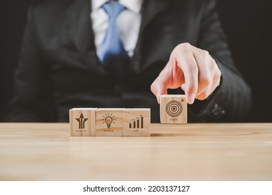 Businessman, Wooden Block Icon Showing Business Planning, Investment, Finance, Bank, Asset, Stock, Fund, To Success, Concept, Global Market Fundraising Goal.