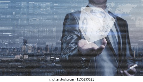 Businessman Work With Block Of Binary Numeral System Of AI, Network Security And Globalization System