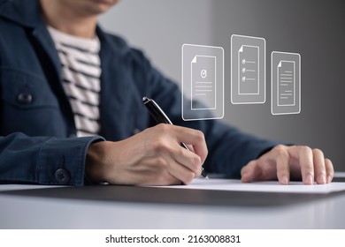 Businessman, Work From Home, Handling Documents, E-signing, Signing Digital Contracts Electronic Signing Electronic Signature Through Internet Technology Document Data Management Smart Contract