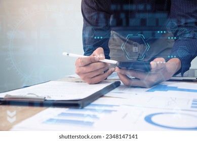 Businessman work virtual graphic global internet connection, Artificial Intelligence, Futuristic technology transformation. - Shutterstock ID 2348147141