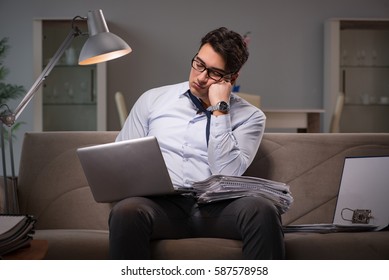 Businessman Workaholic Working Late At Home