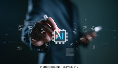 Businessman working with AI chip interface and big data flow structure. Concept for artificial intelligence, data processing, automation, innovation, and digital transformation.