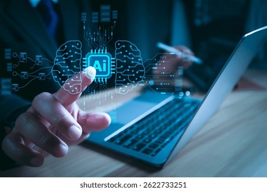Businessman working with AI chip interface and big data flow structure. Concept for artificial intelligence, data processing, automation, innovation, and digital transformation, Ai brain technology.