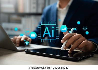 Empresário trabalhando com IA e tecnologias de aprendizagem de máquina para otimizar estratégias de negócios. Análise de dados, algoritmos, sistemas digitais para impulsionar o crescimento dos negócios e melhorar a eficiência operacional.