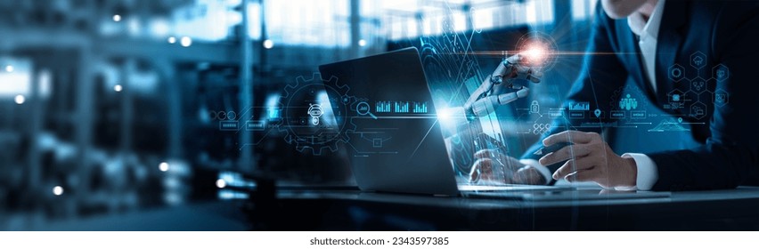 Businessman working with AI. Robot of business technology on data network to adapt implement new policies and technology to effectively. Enhance stay competitive, Data exchange and machine learning.