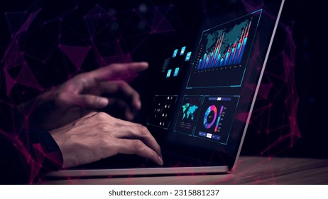 businessman working with business Analytics and Data Management System on computer, online document management and metrics connected to database. Corporate strategy for finance, operations, sales.	
