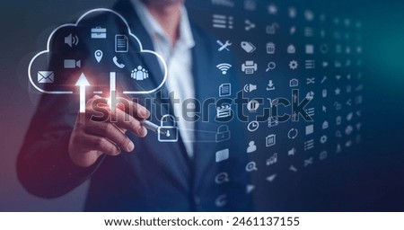 Businessman working with cloud technology with cybersecurity data protection system. People choose cloud computing services to upload and store document files of various sizes.