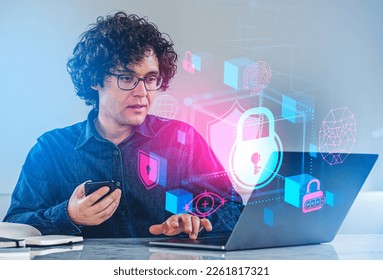 Businessman working with computer and phone in hand, digital lock hologram hud, encrypted data in metaverse. Concept of technology and privacy