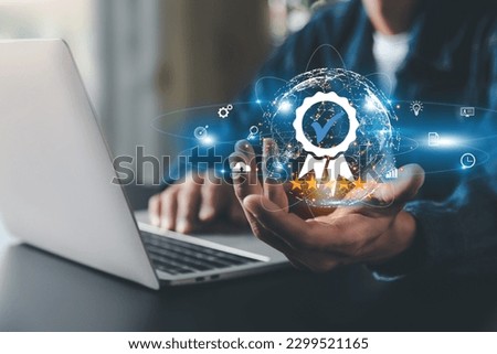 businessman working with computers  service Quality assurance, Guarantee, Standards, ISO , Standards quality assurance control standardisation and certification concept.