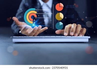 Businessman working with data analytic visualization pie chart on laptop in office to record collect data and summarizing business. Information analysis by products and customer segment category.