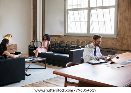 Businessman working at desk, colleagues on sofas, side view