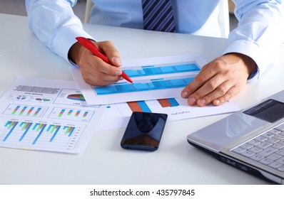 businessman working at a desk computer graphics - Shutterstock ID 435797845