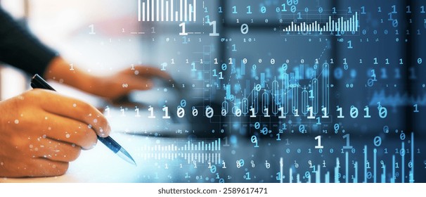Businessman working at desk with pen and laptop, overlaid with digital data, binary code, and virtual stats on a blue-toned background. Concept of analytics