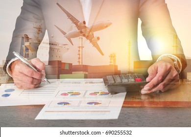 businessman working with document and calculator, Container Cargo ship, Cargo plane and airplane at sunset as business, Calculation, industrial, transportation, analysis and import export concept. - Powered by Shutterstock