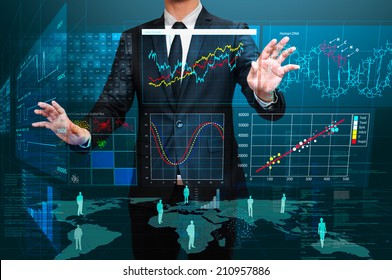 businessman working with floating data visualization  screen