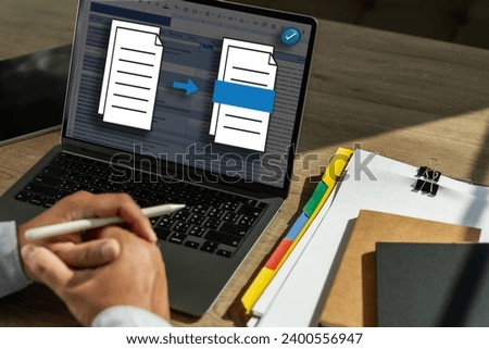 Businessman working with laptop computer document online in doc documents software for online analysis Microsoft Excel project dashboard accounting digital