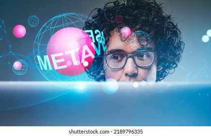 Businessman working with laptop, digital hologram of spheres floating, online connection and virtual world. Concept of metaverse