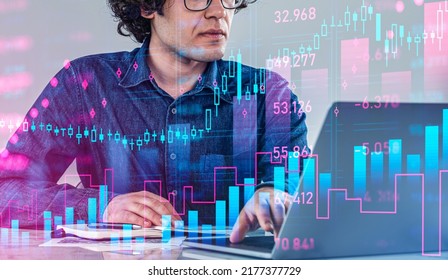 Businessman working with laptop, online trading. Financial consultant, double exposure with forex diagrams, candlesticks and bar chart. Concept of broker
