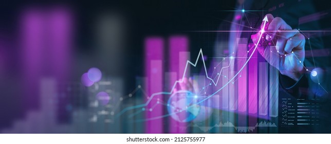 Businessman working with modern computer virtual dashboard analyzing finance sales data and economic growth graph chart and block chain technology. - Shutterstock ID 2125755977
