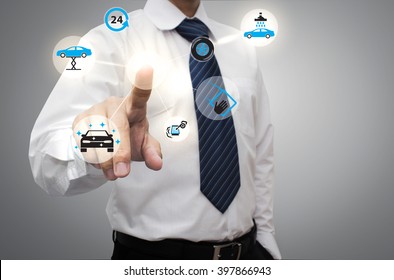 Businessman working with modern virtual technology, hand touching ,Smart Car wash