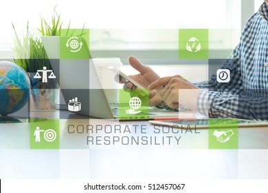 Businessman Working In Office And Corporate Social Responsibility Icons Concept