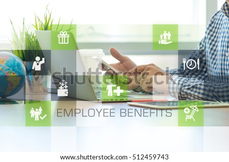 Businessman working in office and Employee Benefits icons concept