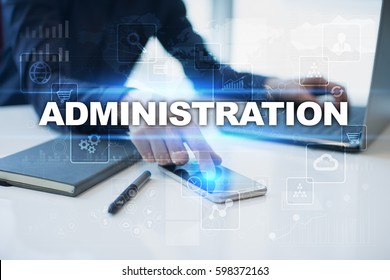 Businessman Working In Office, Pressing Button On Virtual Screen And Selecting Administration.