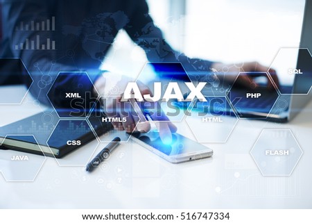 Businessman is working in office, pressing button on virtual screen and selecting ajax.