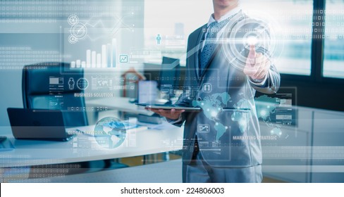 businessman working on 3D bar chart business strategy concept