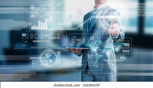 businessman working on 3D bar chart business strategy concept