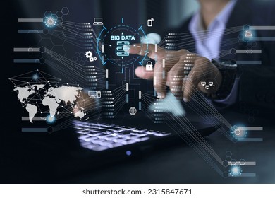 Businessman working on big data digital diagram, finacial business marketing analytic complex data interface.  Internet and network technology concept.