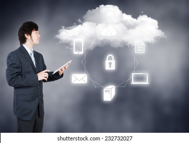 Businessman working on cloud computing business security concept