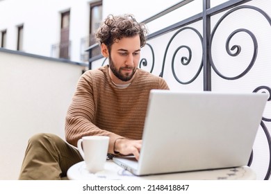 Businessman Working On Computer, Drinking Coffee And Smiling, Business Man Entrepreneur Working On Computer, Businessman Reading Emails And Holding His Mobile Phone