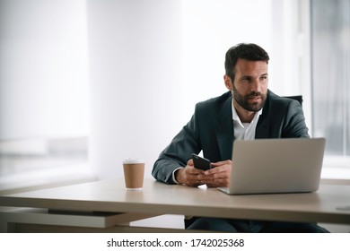 Businessman Working On His Laptop.
Charming Office Employee Drinking Coffee And Working.