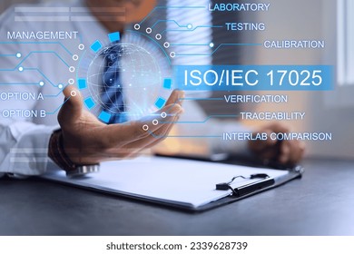 Businessman working on ISO IEC 17025 Laboratory Assessment System, Testing and Calibration Laboratory Quality Assurance certified body. To approve result or certificates to industry companies.