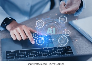 Businessman working on laptop with ai network interface icons, Business digital technology concept.