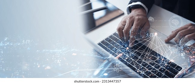 Businessman working on laptop computer with big data and global internet network connection. Data exchange, Business Intelligence. Business technology and digital marketing network concept. - Powered by Shutterstock