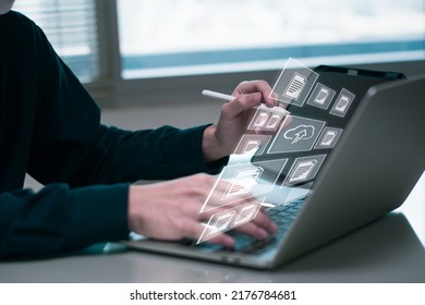 Businessman Working On Laptop Computer,online Electronic Document Information Database,digital File Cloud Storage System Or Software, Online Compliance Rules User Management,business Platform Control