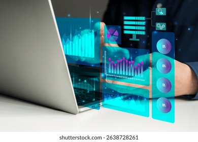Businessman working on laptop with futuristic virtual interface, showing data analysis, graphs, statistics, and technology for financial or business intelligence management system - Powered by Shutterstock - Get 15% off with code: PIKWIZARD15