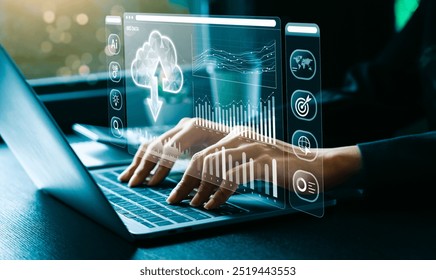 Businessman working on a laptop with a holographic interface for big data analytics, artificial intelligence, data management, and strategic decision making. Enhancing efficiency, driving innovation - Powered by Shutterstock