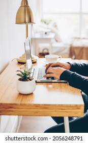 Businessman Working On Laptop At Home Office. Man Watching Online Webinar. Remote Studying Or Work Concept