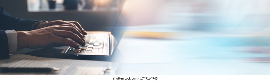 Businessman Working On Laptop. Panoramic Business Banner With Copy Space.