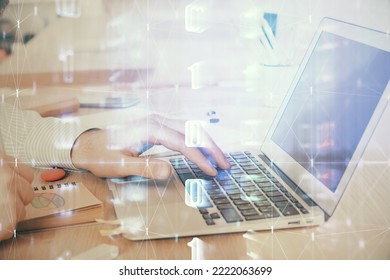 Businessman working on Laptop with technology theme drawing. Concept of big data. Double exposure. - Shutterstock ID 2222063699
