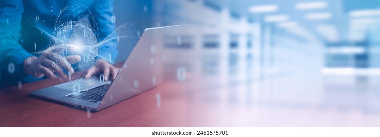 Businessman working on laptop with virtual screen of network server big data, Up to speed and accuracy of processing. Quantum Computer for Industry 4.0 and smart robot business or AI.