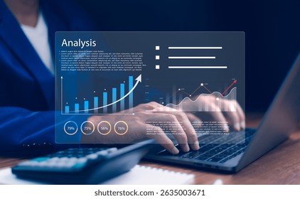 Businessman working on a laptop with virtual dashboard displaying Analysis and data charts, graphs growth. Business analytics, financial planning, digital marketing, technology for decision making.