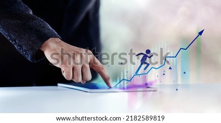 Businessman Working on Tablet, Supporting Customer, Shareholder, Partnership or Employee Jumping Forward on Arrow Up from Low to High. Reaching Goal and Potential
