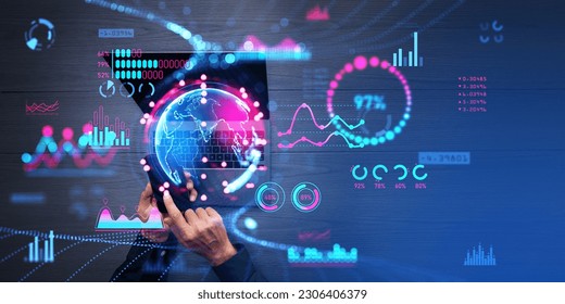 Businessman working with phone and laptop, digital business data dashboard and financial analysis. Internet marketing, KPI and infographic. Concept of digital statistics and technology