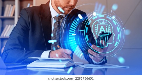 Businessman working with phone and taking notes, AI helping human in business and work, generate information and idea. Concept of technology and machine learning - Powered by Shutterstock - Get 15% off with code: PIKWIZARD15