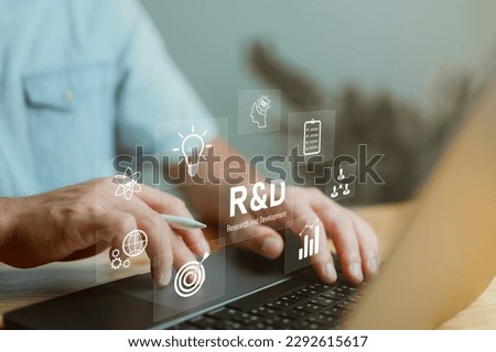 Businessman working with r and d sign. R D icon network business technology concept, R D, Research and development, strategy, action plan, manage and working project more efficiently. Photo stock © 